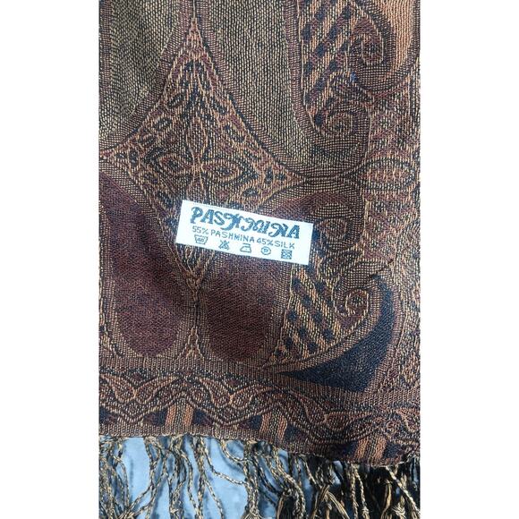 Vintage Pashmina Silk Paisley Shawl Scarf Wrap Brown Rust Boho Fringe - Picture 2 of 4